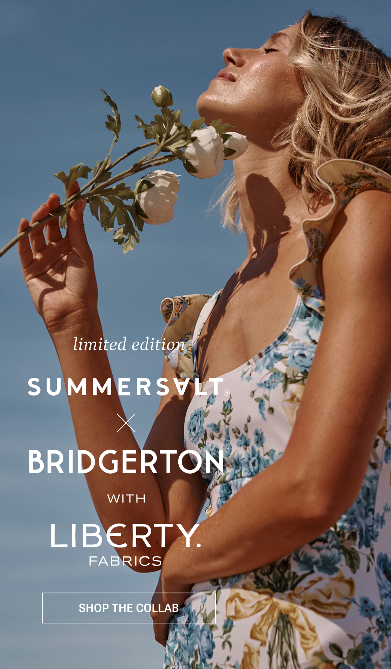 Model in floral one piece swimsuit. Summersalt x Bridgerton