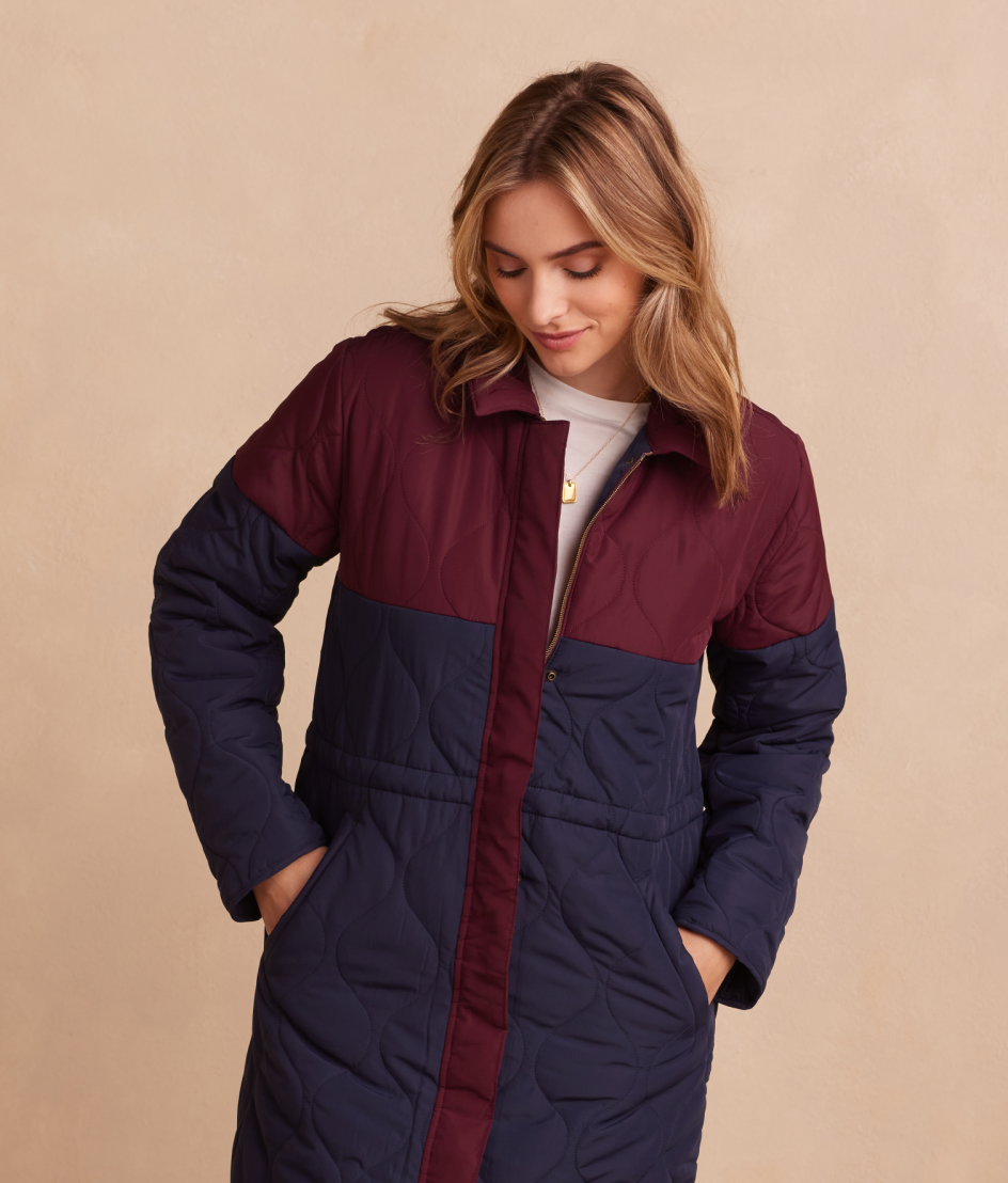 Model in Coat, The Long Colorblock Eco Quilted Coat - Midnight & Cherry (Burgundy & Navy Blue)