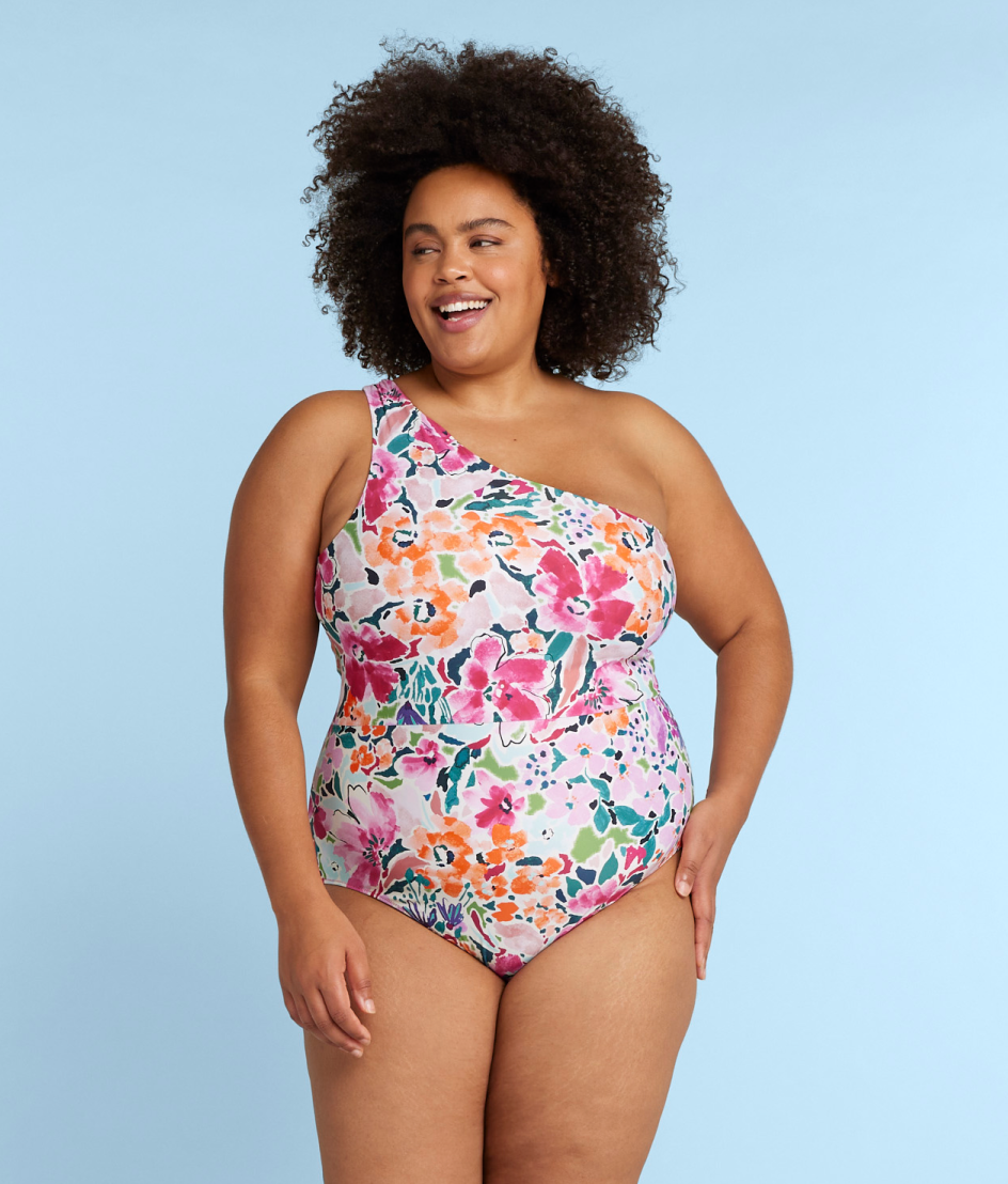 Model in one piece swimsuit, The Ruched Sidestroke - Watercolor Floral in Strawberry