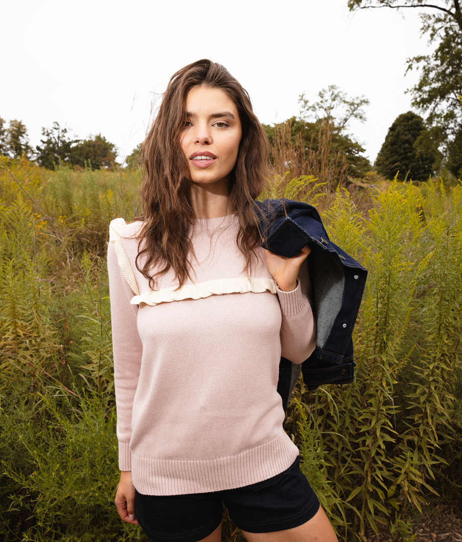 Model in Sweater, The Year-Round Crewneck Ruffle Sweater - Petal (light pink)