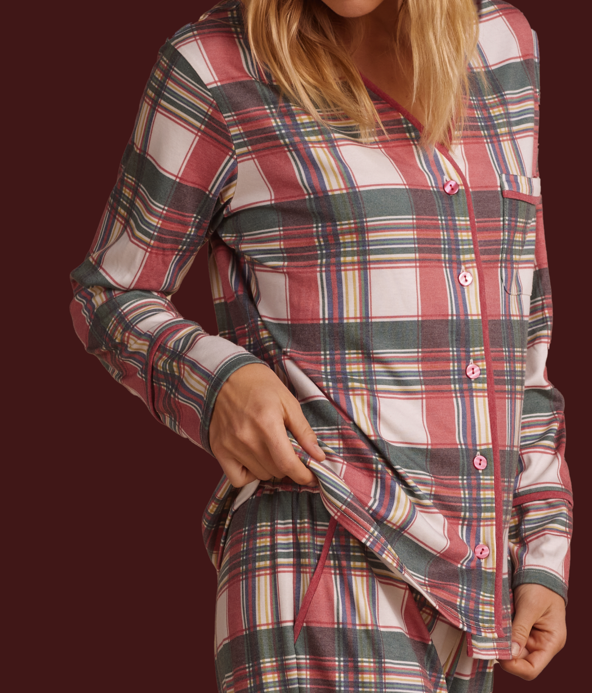 Model in Pajamas, The Women's Matching Family Pajamas Set - Tis the Season Tartan (Plaid print)