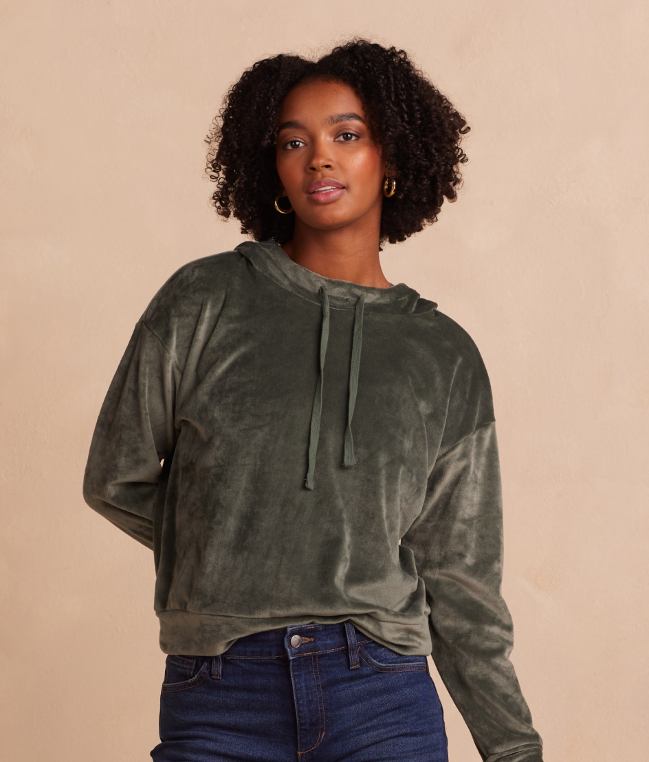 Model in sweater, The Plush Velour Hoodie - Olive