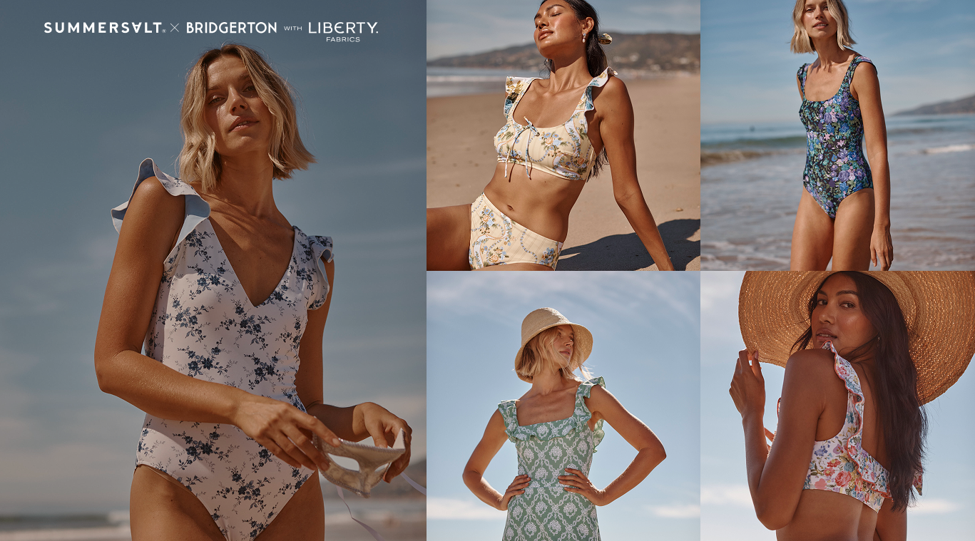 Summersalt x Bridgerton with Liberty Fabrics. Models in one-pieces and bikinis from the Summersalt x Bridgerton collaboration. 