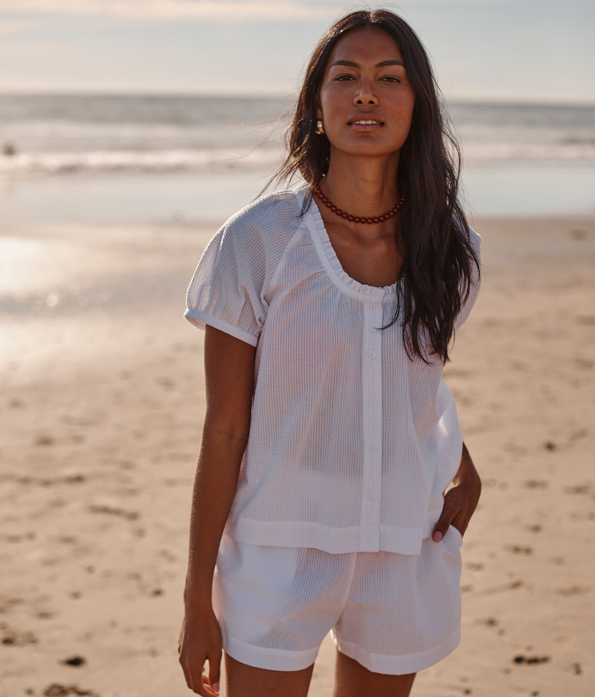 The Seersucker Collection. Model in seersucker white set