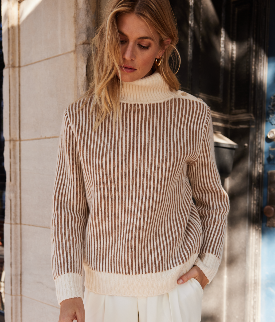 Model in Sweater, The Luxe Cashmere Blend Two-Tone Button Neck Sweater - Fawn & Dune (Cream & Brown) 