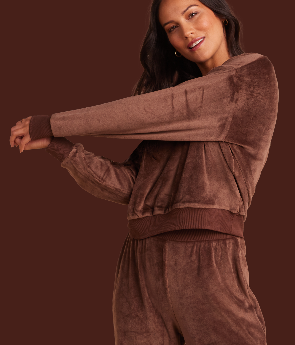 Model in Sweater, The Plush Velour Relaxed Crew - Chocolate (Brown)