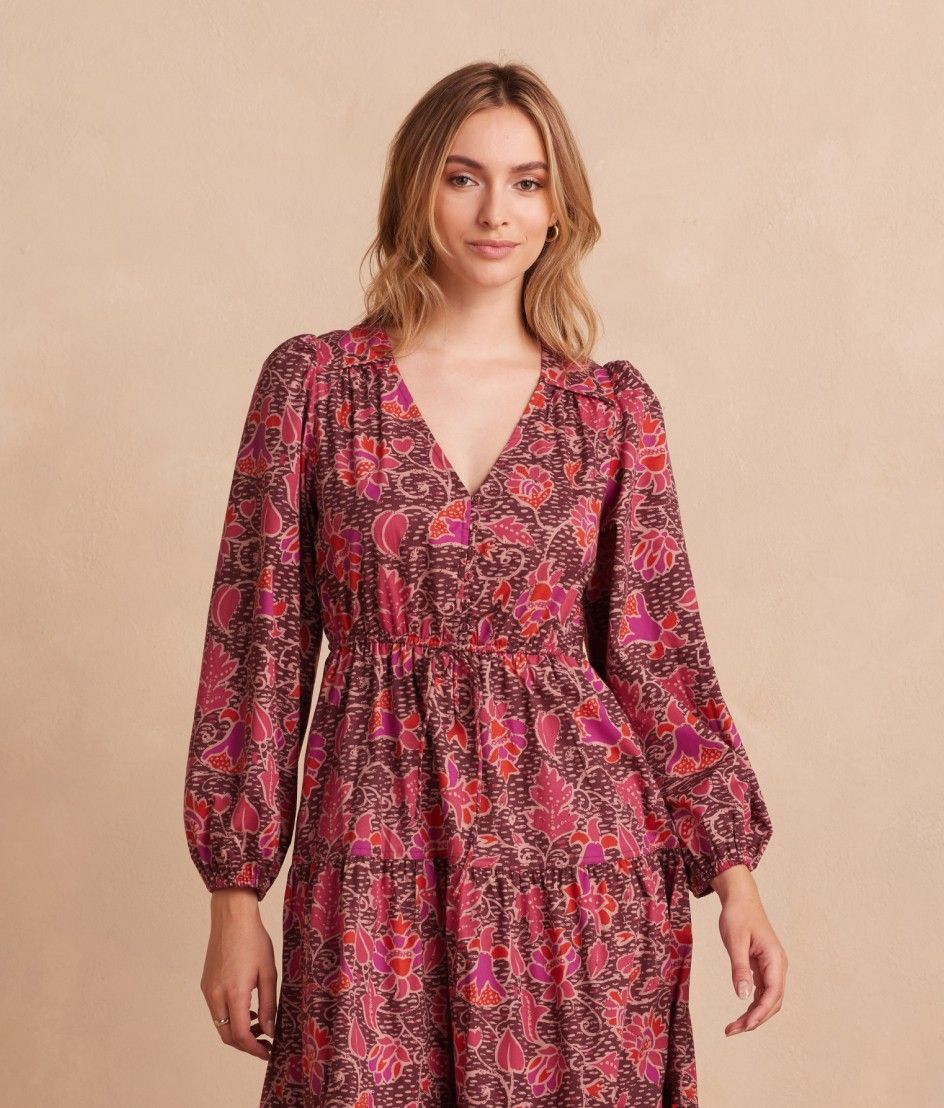 Model in Dress, The Countryside Poplin Button Down Midi Dress - Vineyard Blooms in Pinot (Pink & Red Floral print)