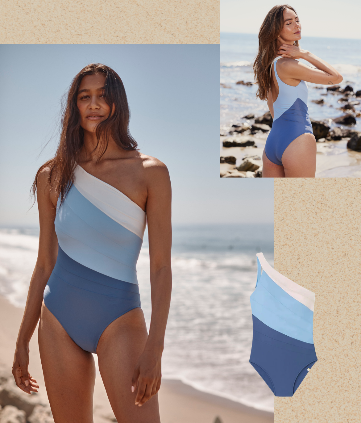 The Unicorn of Swimsuits. Model in the blue one shoulder one piece. 