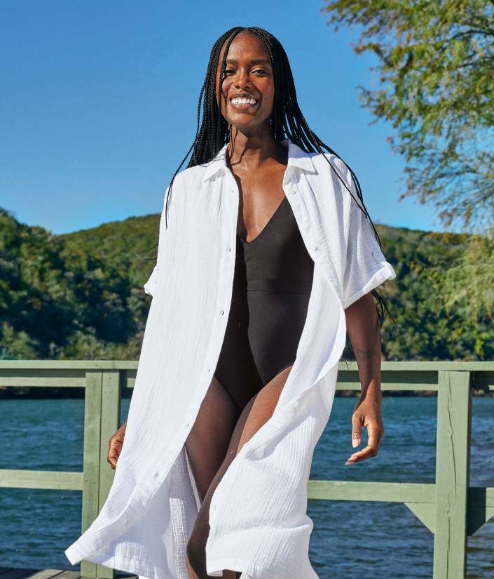 Model in one piece swimsuit & cover-up, The Ruched Backflip - Sea Urchin, The Cloud Gauze Midi Dress Cover-Up - White Sand