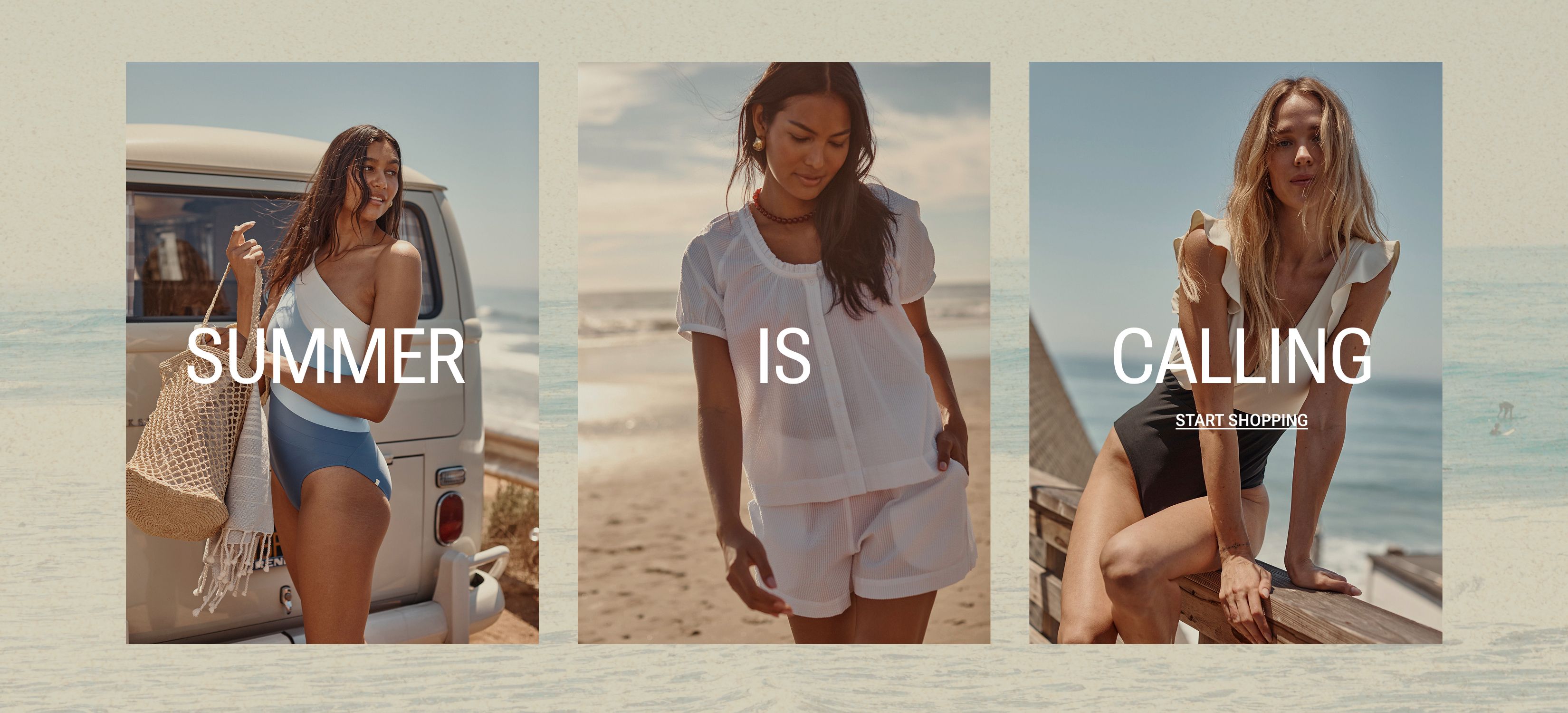 Models in one piece swimsuits and seersucker cover-up set