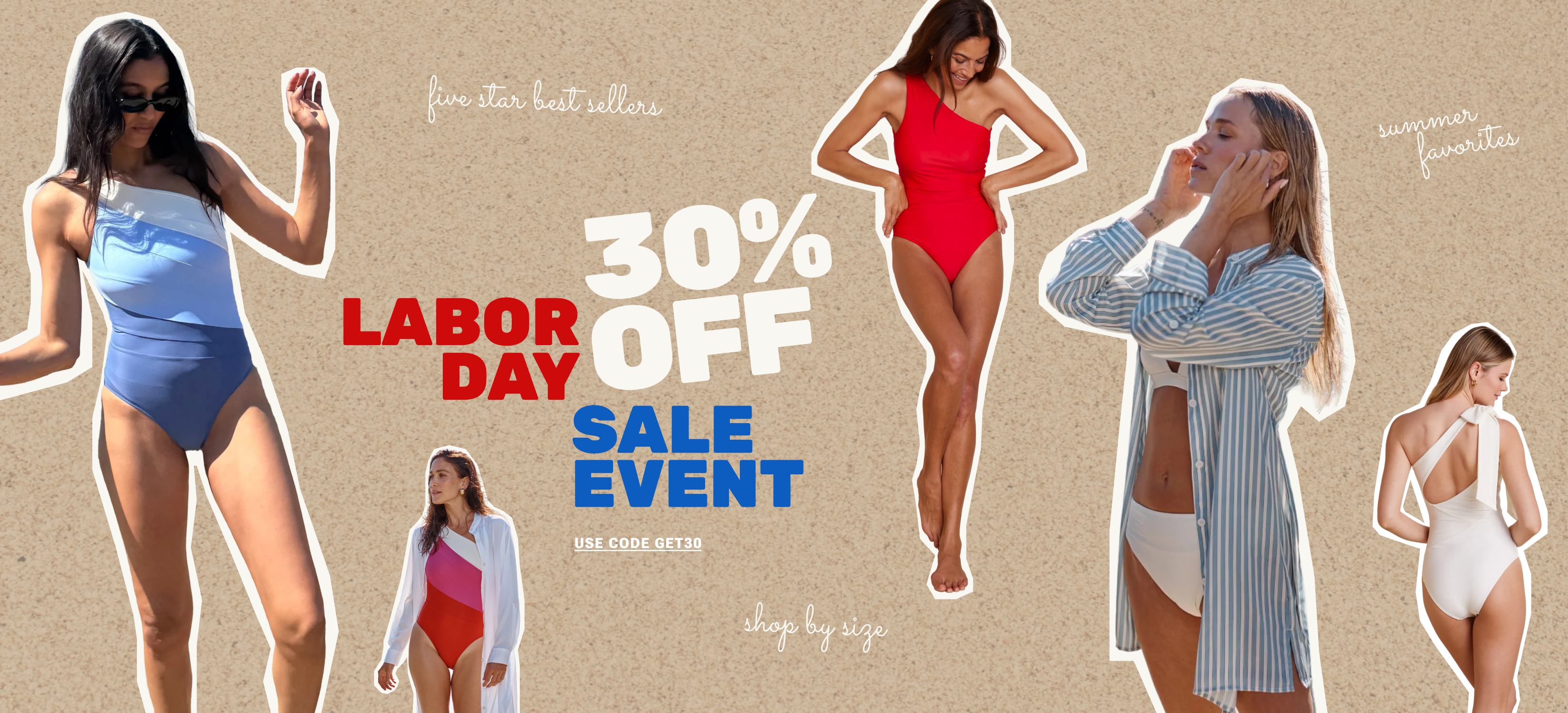 Models in one piece swimsuits and seersucker cover-up set
