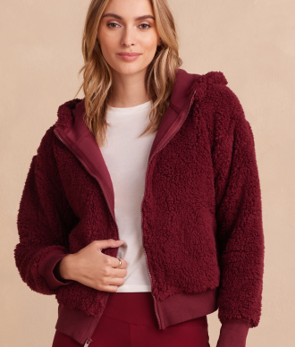 Model in Fleece, The High Pile Eco Fleece Cropped Hoodie - Pinot (Red)