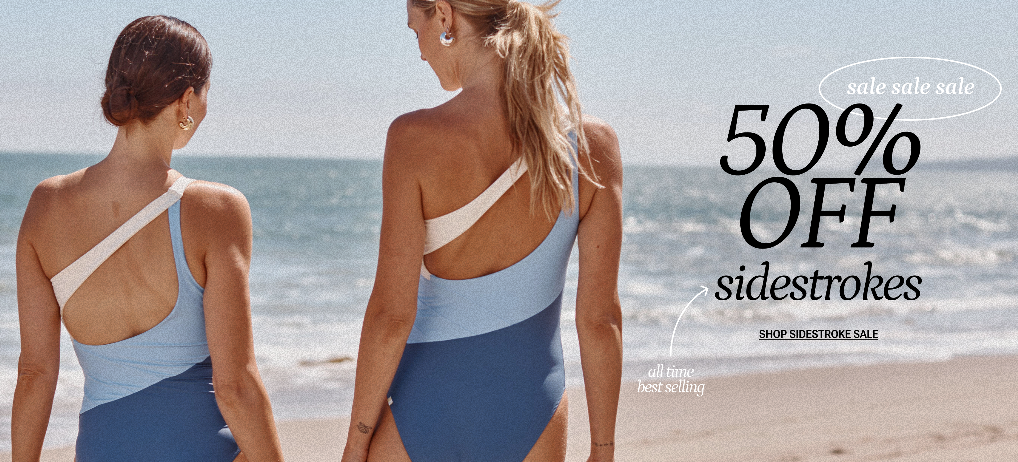 Models in one piece swimsuits and seersucker cover-up set