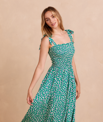 Model in dress, The Silky Luxe Smocked Maxi Dress - Summer Sprig in Seagreen