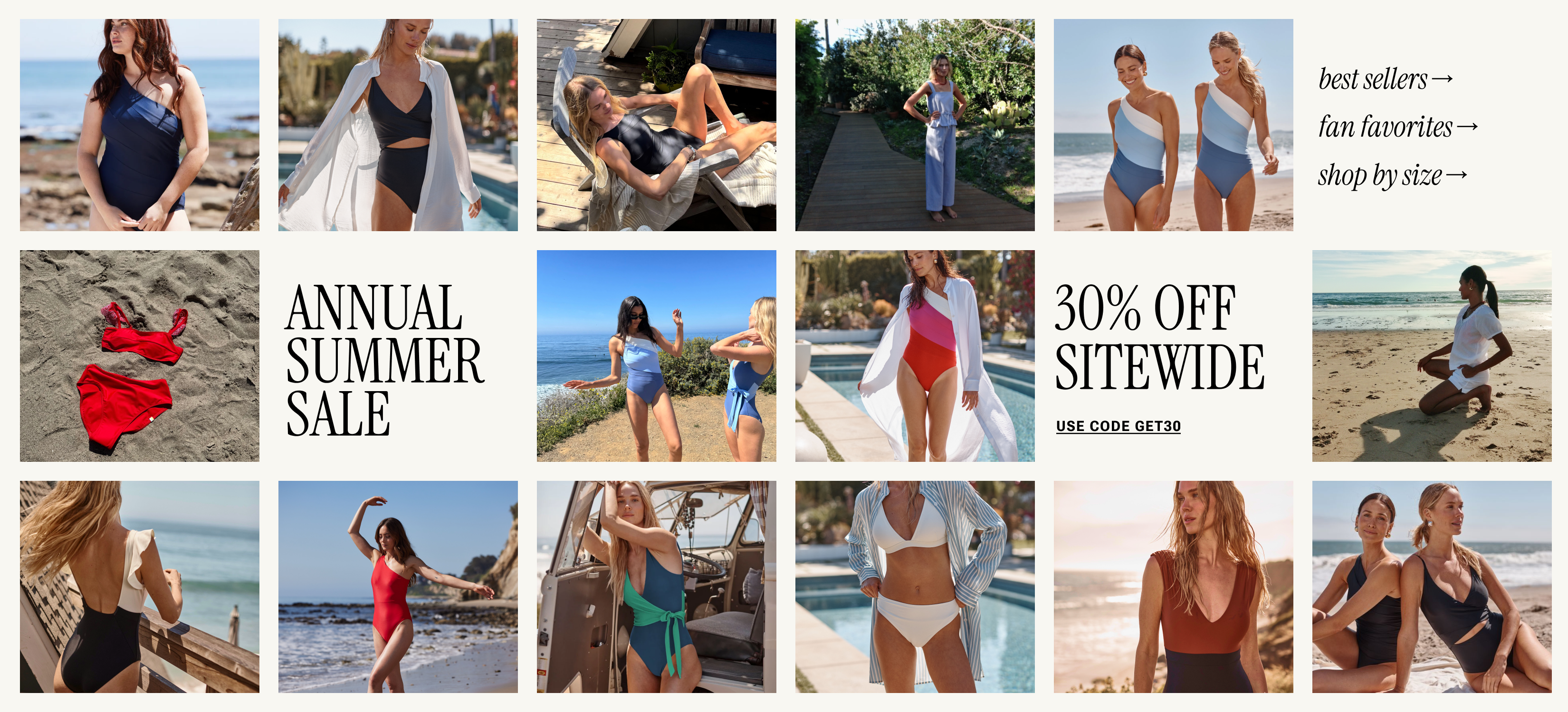 Models in one piece swimsuits and seersucker cover-up set