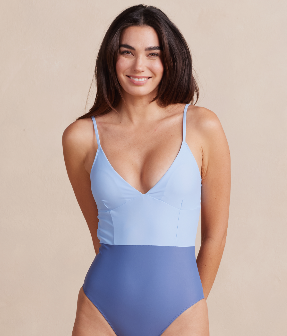 Model in one piece swimsuit, The Wave - Sky & Blue Mountain (Blue & Light Blue)