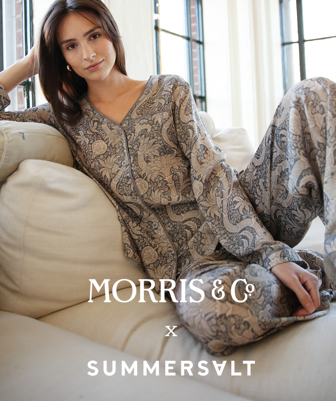 Morris & Co. x Summersalt Model in The Silky Luxe Pajama Set in Indian Beaded in Charcoal & Nickel (gray pattern) )