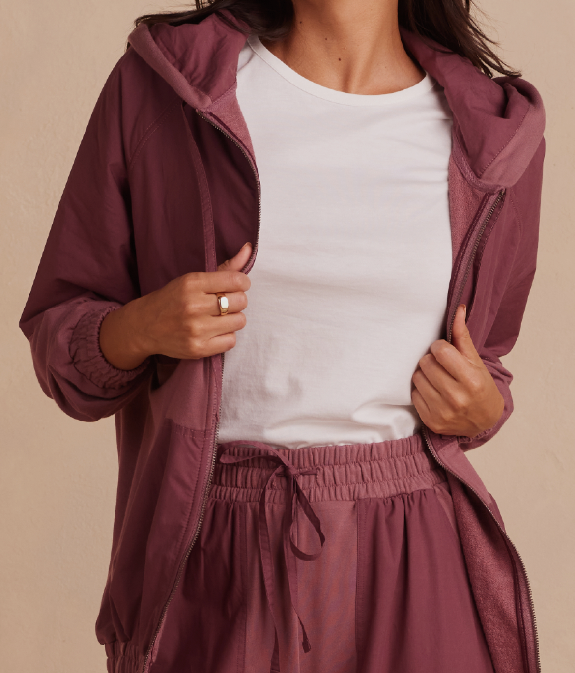 Model in Top, The Softest French Terry Windbreaker Jacket - Rosewood (Pink)