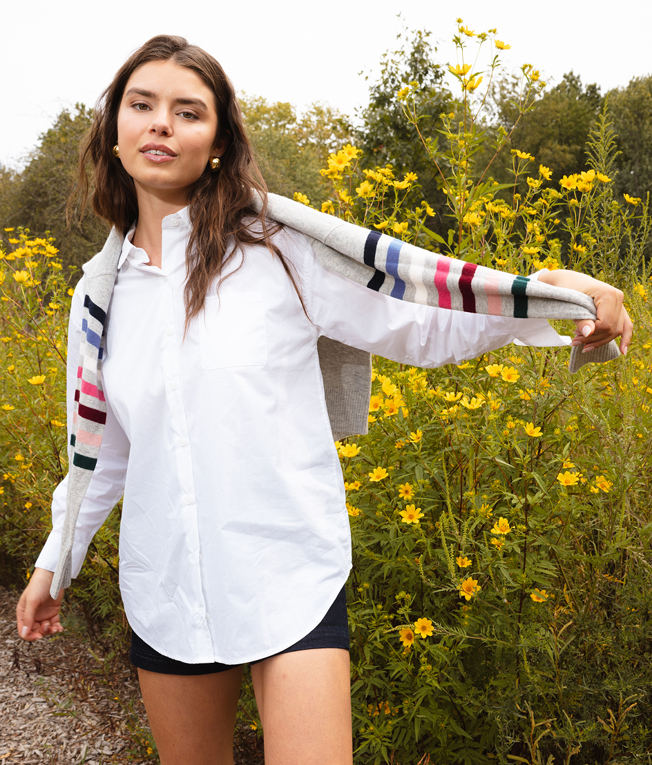 Model in Button-Down Shirt, The Perfect Boyfriend Shirt - White Sand (white)