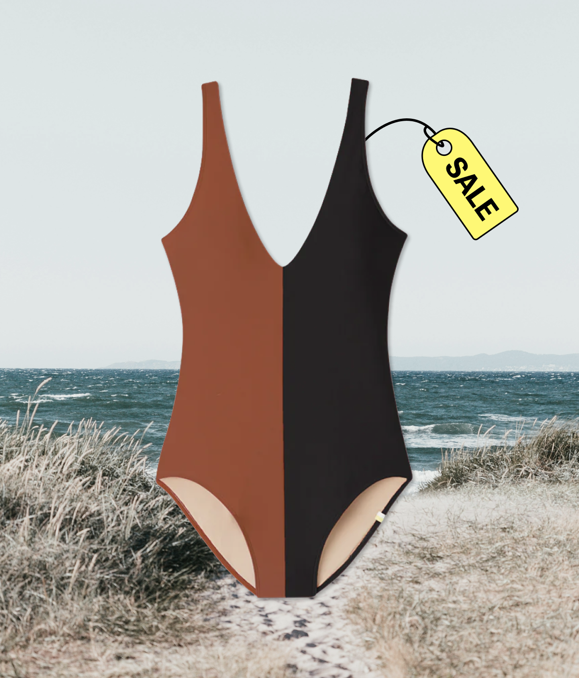 Flat lay of One Piece, The Split Backflip - Amber & Sea Urchin (Black & Brown)