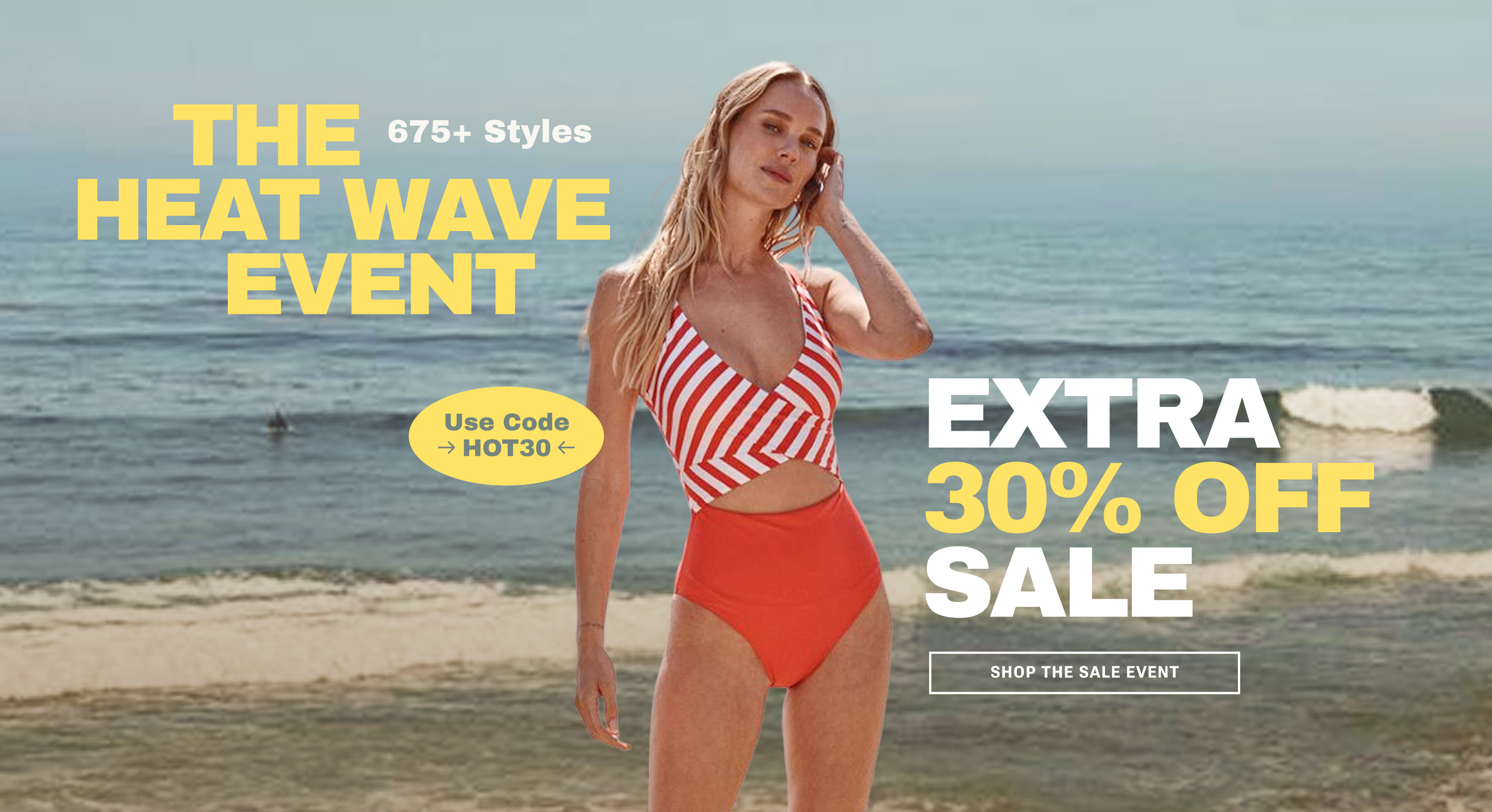 Models in one piece swimsuits and seersucker cover-up set