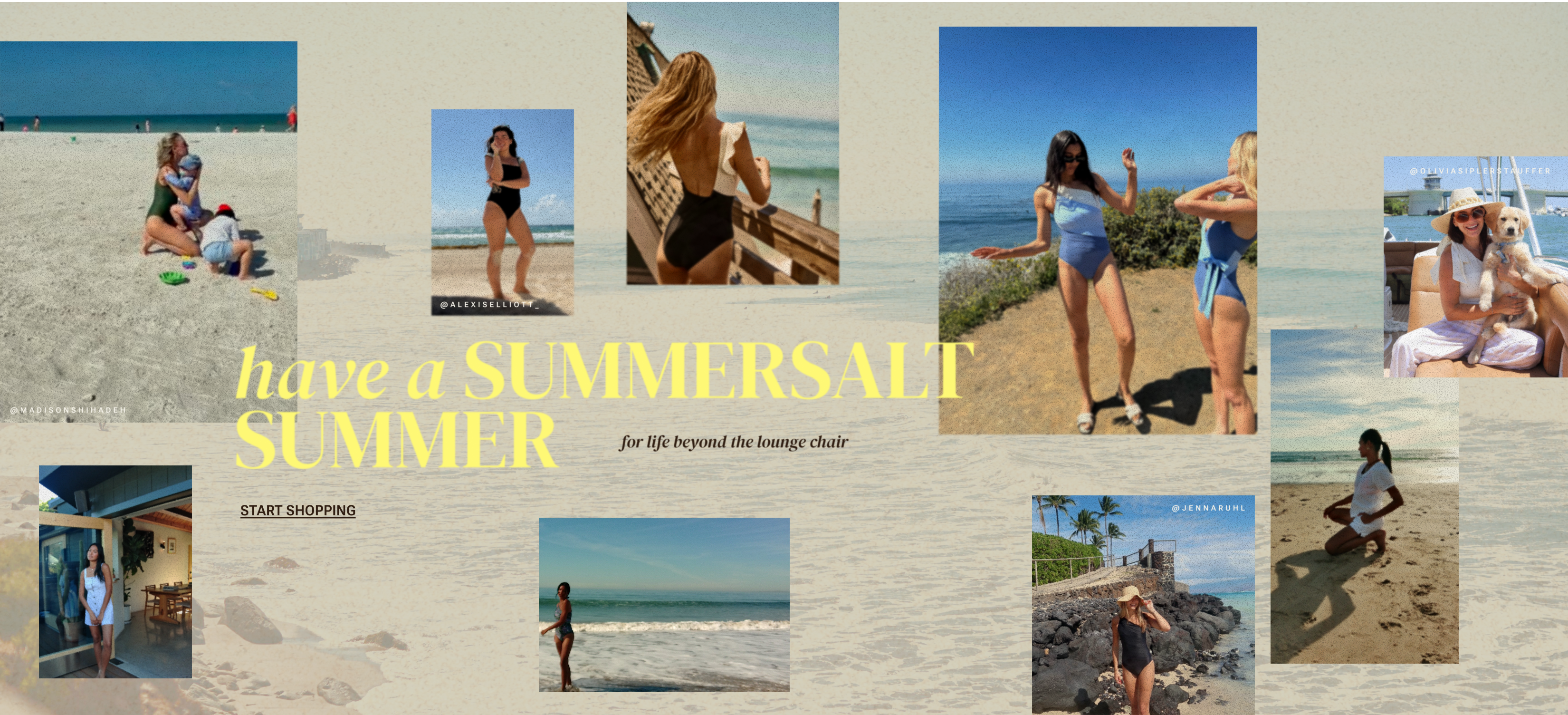 Models in one piece swimsuits and seersucker cover-up set