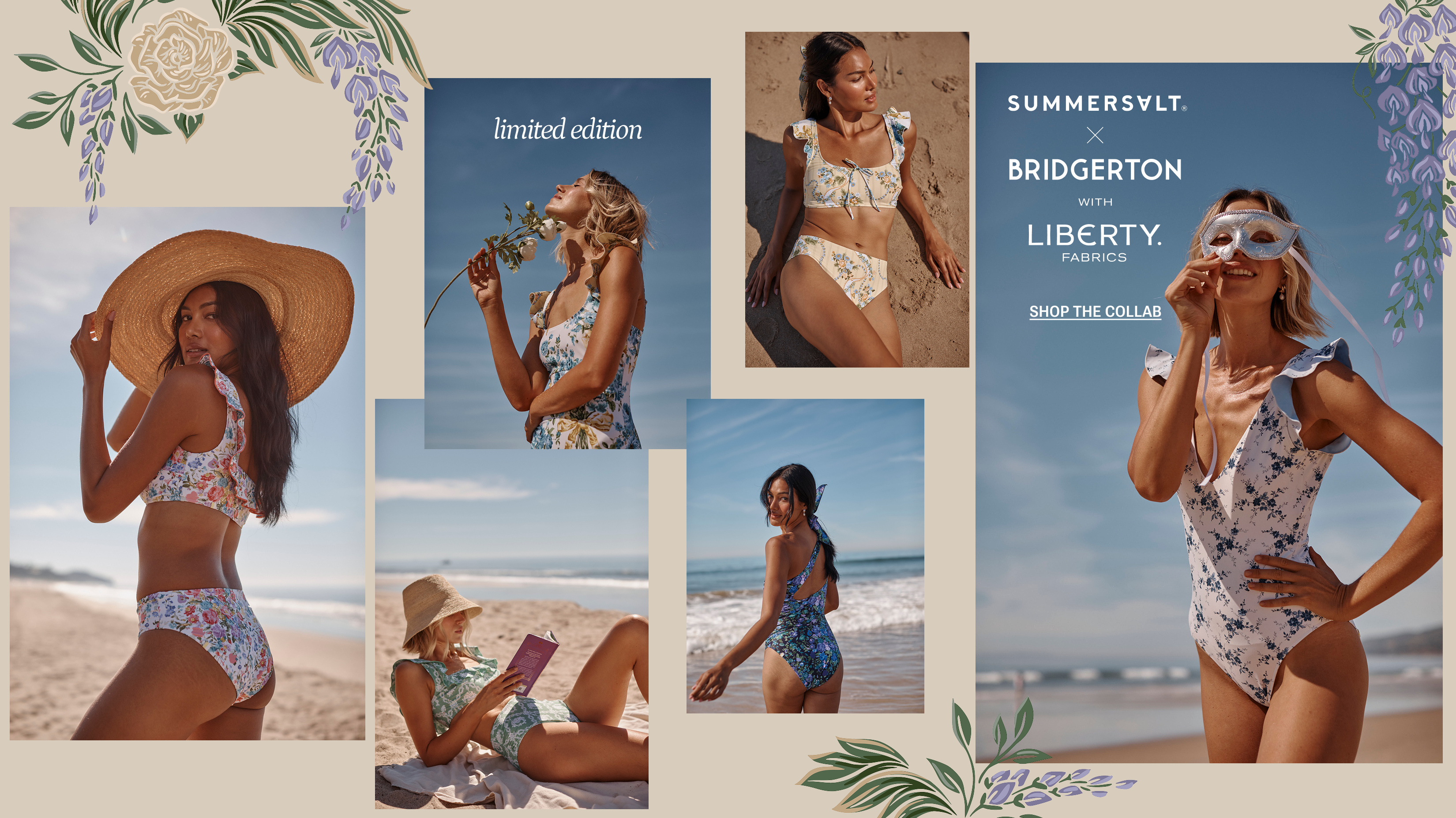 Models in pink and red one piece swimsuits and bikinis