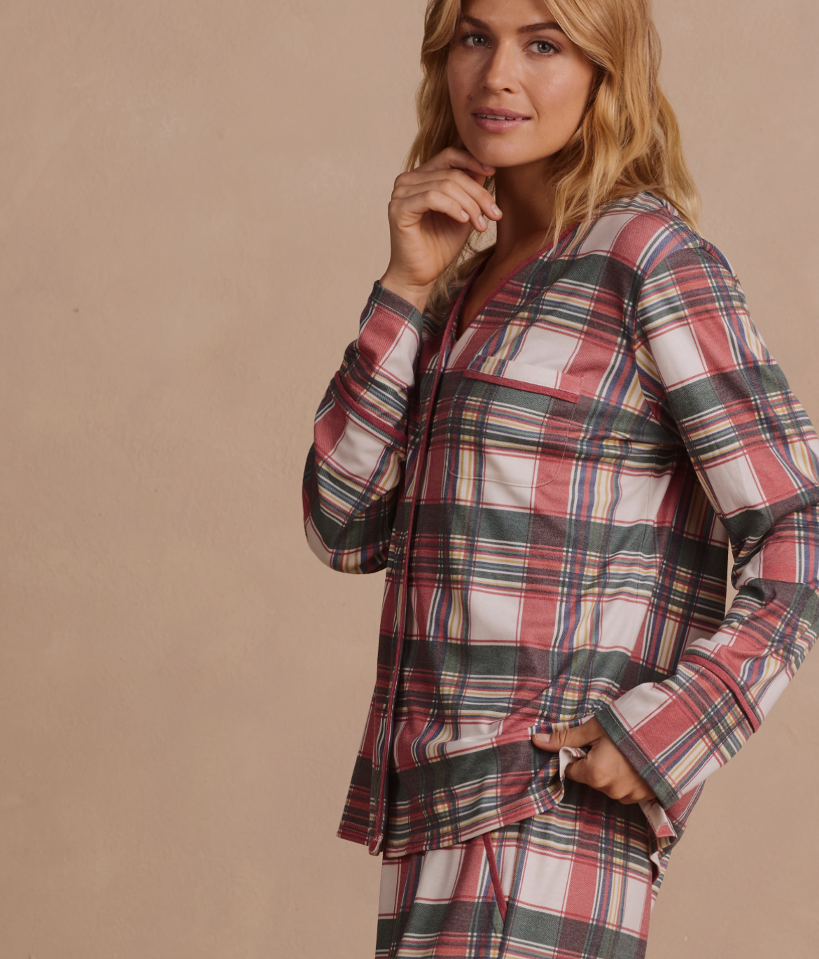 Model in Pajamas, The Women's Matching Family Pajamas Set - Tis the Season Tartan (Plaid print)