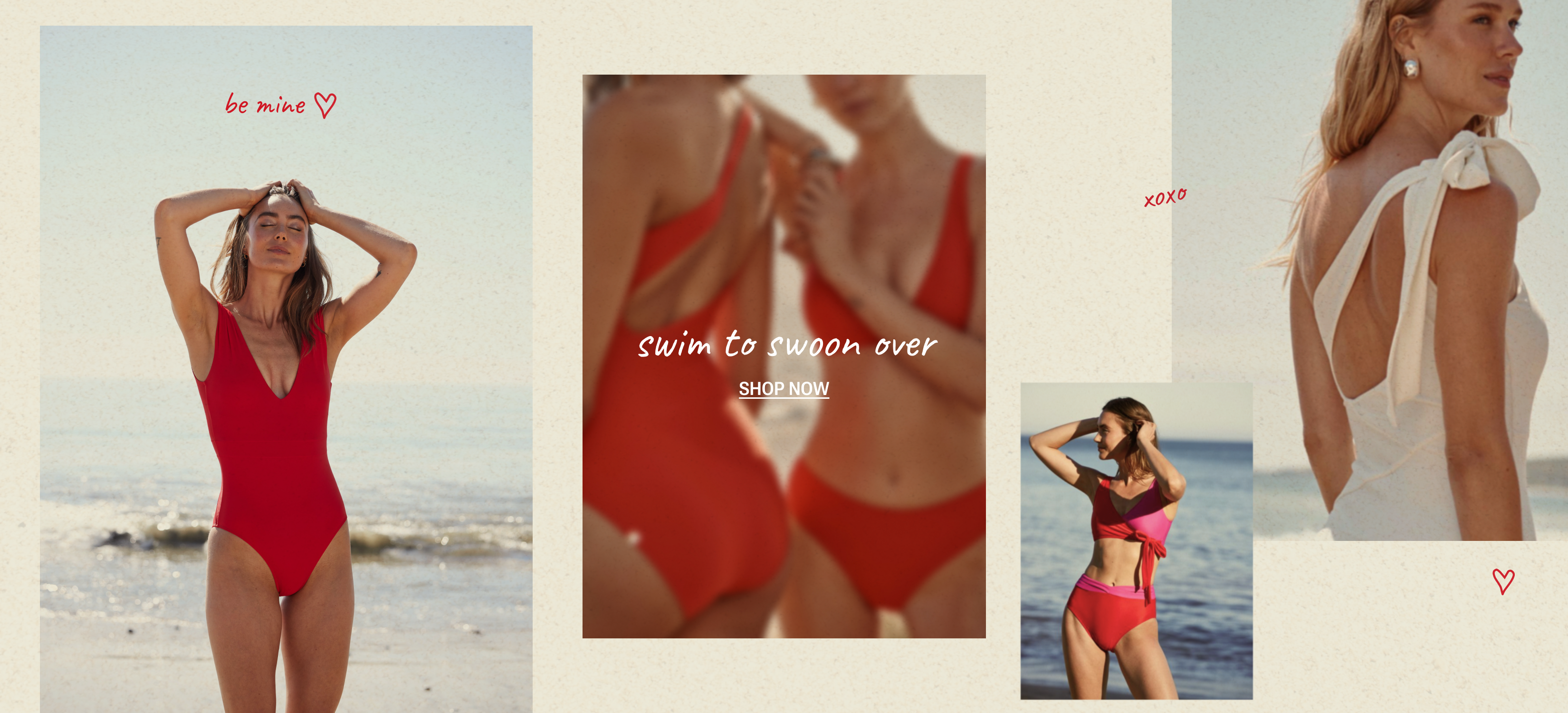 Models in pink and red one piece swimsuits and bikinis