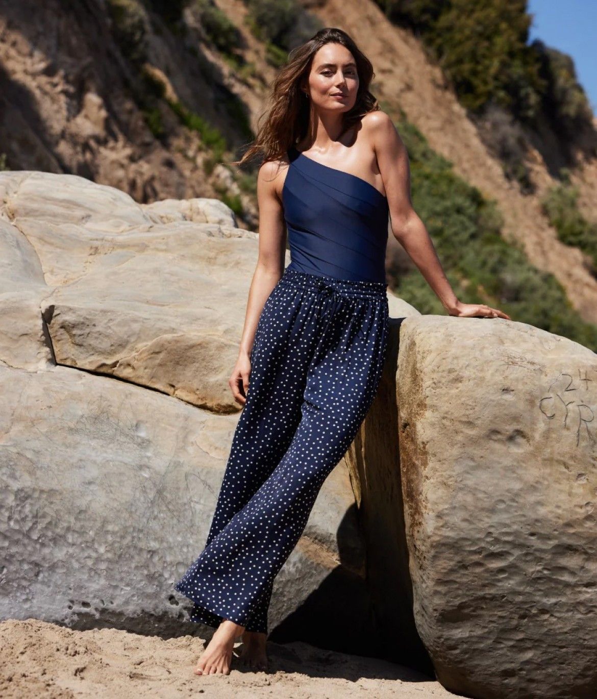 Model in Cover Up, The Palazzo Pants with Ties in Nautical Dot (navy blue with white dots)