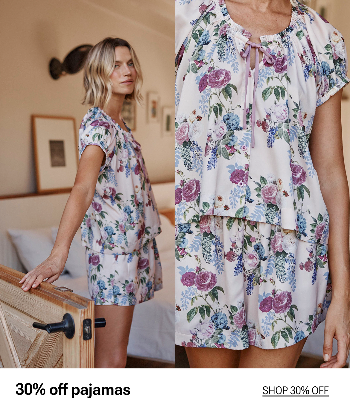 30% off pajamas. Model in Pajamas, The Silky Luxe Puff Sleeve Pajama Short Set - Lady B Floral Pink (Dark Pink and Blue Floral Print on Light Pink)