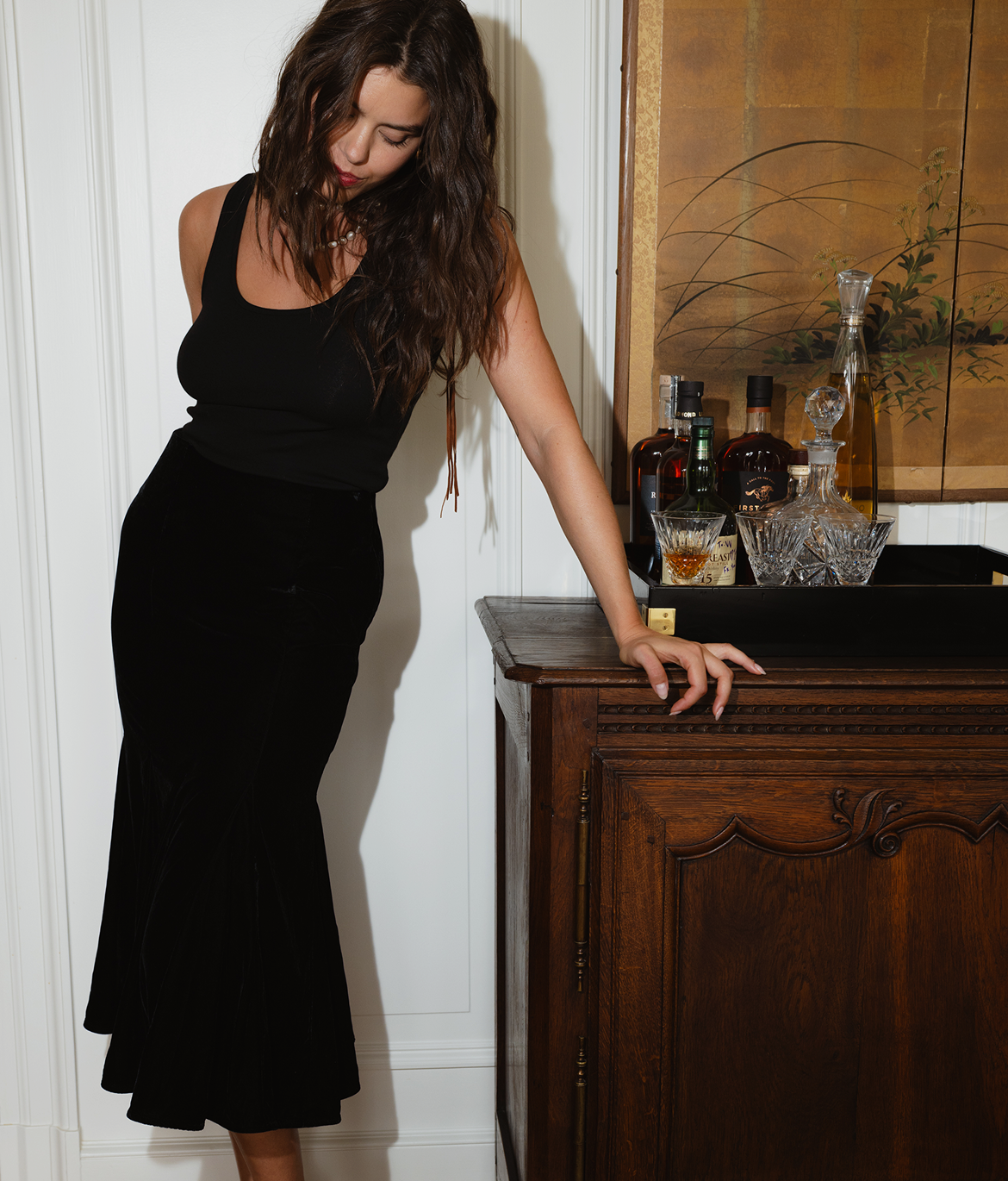 Velvet Collection: Model in Velvet Midi Skirt - The Velvet Midi Skirt - Sea Urchin (black)