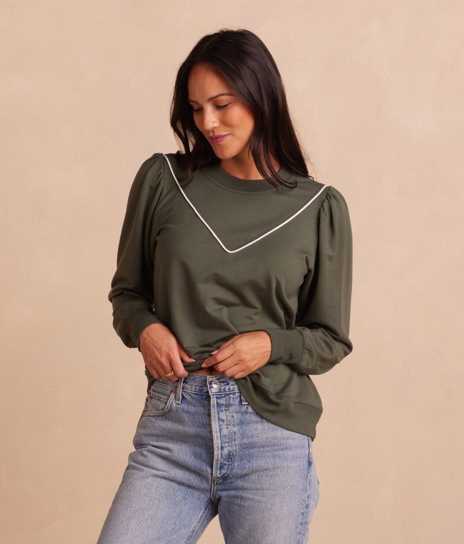 Model in French Terry, The Softest French Terry Contrast Puff-Sleeve Pullover - Olive (Green)