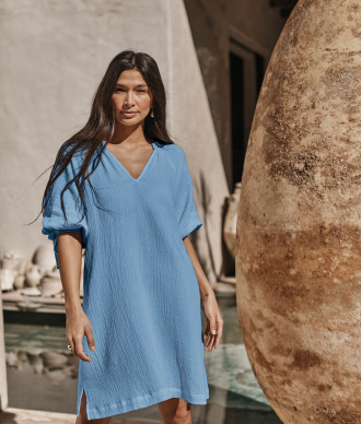 Model in cover-up, The Going Places Gauze Cover-Up Dress - Cyprus Blue