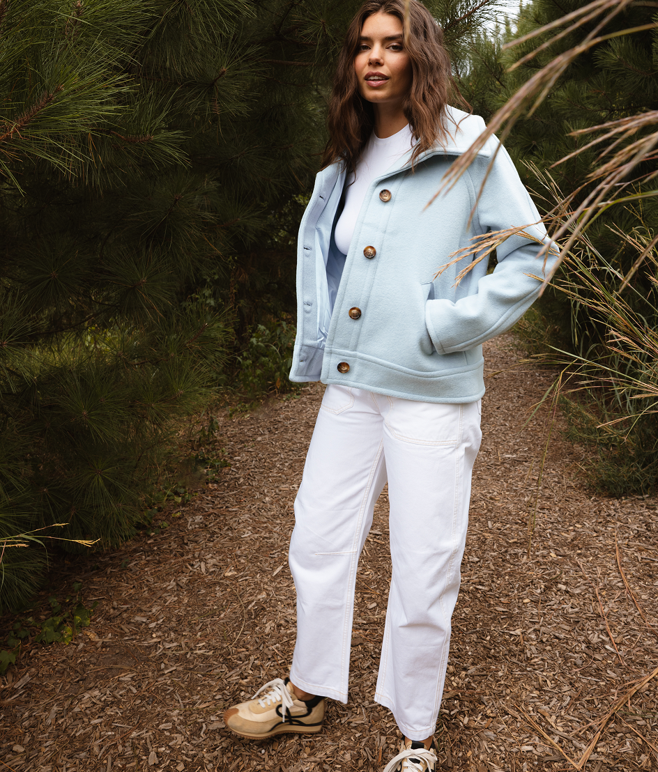 Model in Wool Short Coat, The Wool Short Coat - Frost (blue)