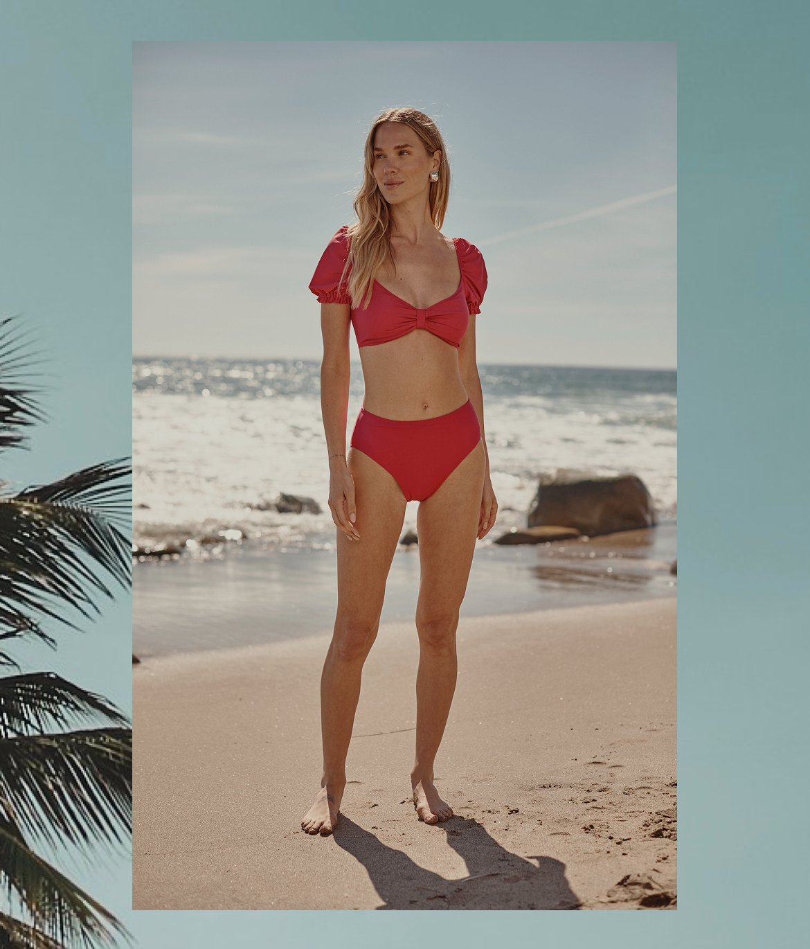 Sale on Sale Text. Model in pink bikini