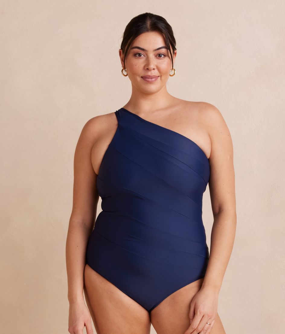 Model in one piece swimsuit, Sidestroke - Deep Sea