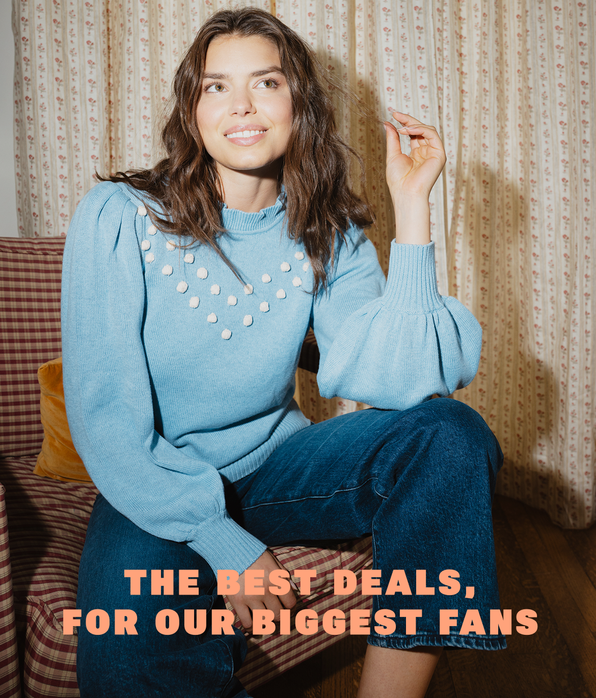 Sweaters Text: Model in Cashmere Sweater, The Year-Round Balloon Sleeve Pompom Sweater - Glacier (blue)