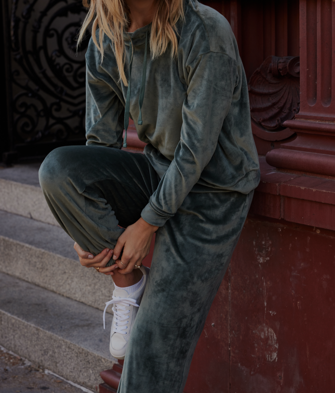 Up to 70% Off Clearance Text: Model in Velour Set, The Plush Velour Hoodie & The Plush Velour Jogger - Olive (olive green)