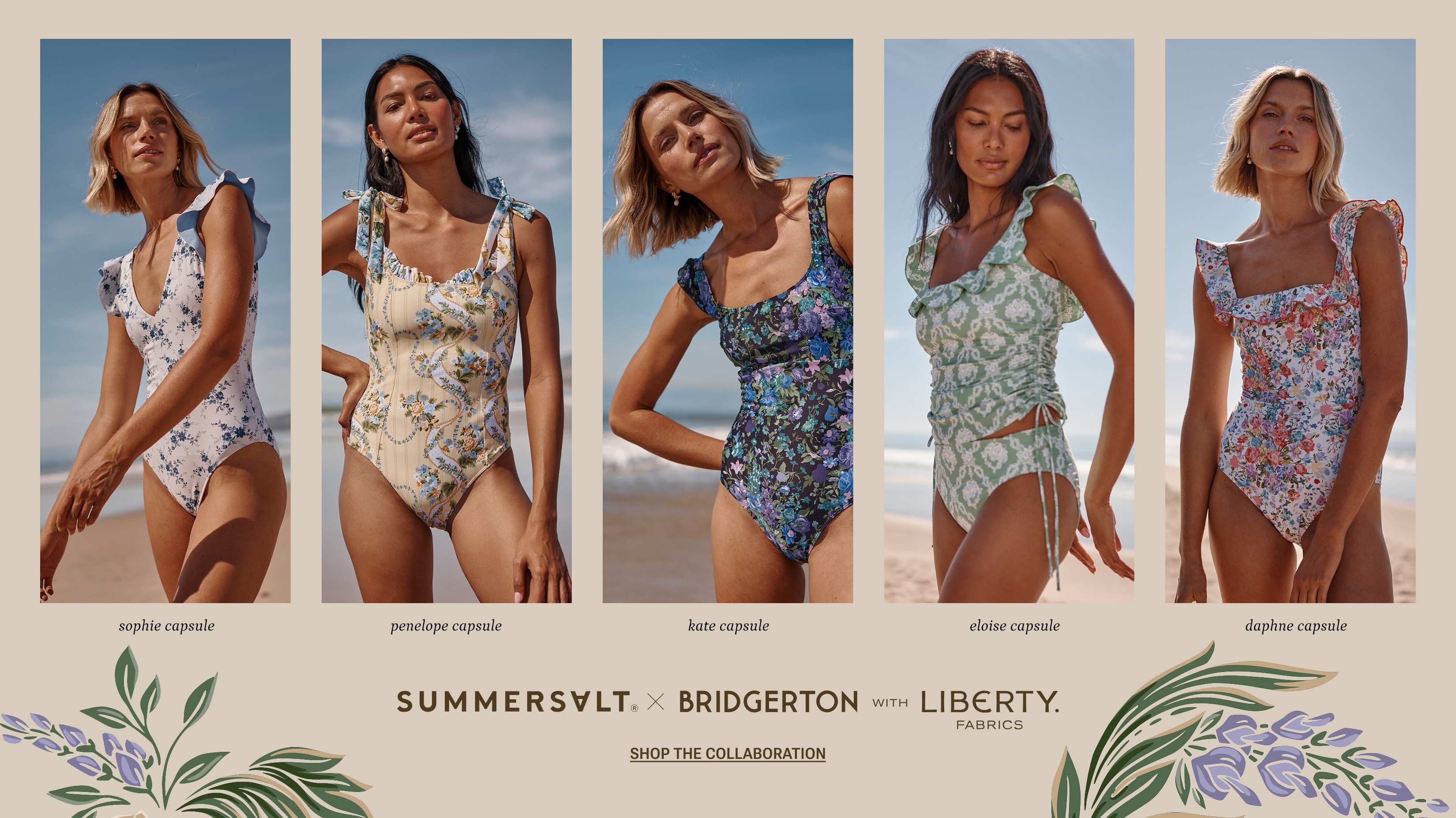 Models in floral one piece swimsuits and bikinis. Summersalt x Bridgerton