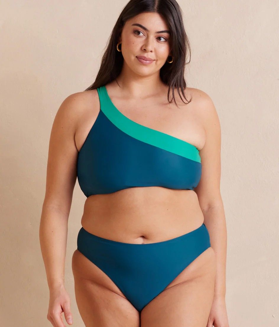 Model in Bikini, The Sidestroke Bikini Top in Seaweed and Seaglass and The High Leg Mid Rise Bottoms in Seaweed