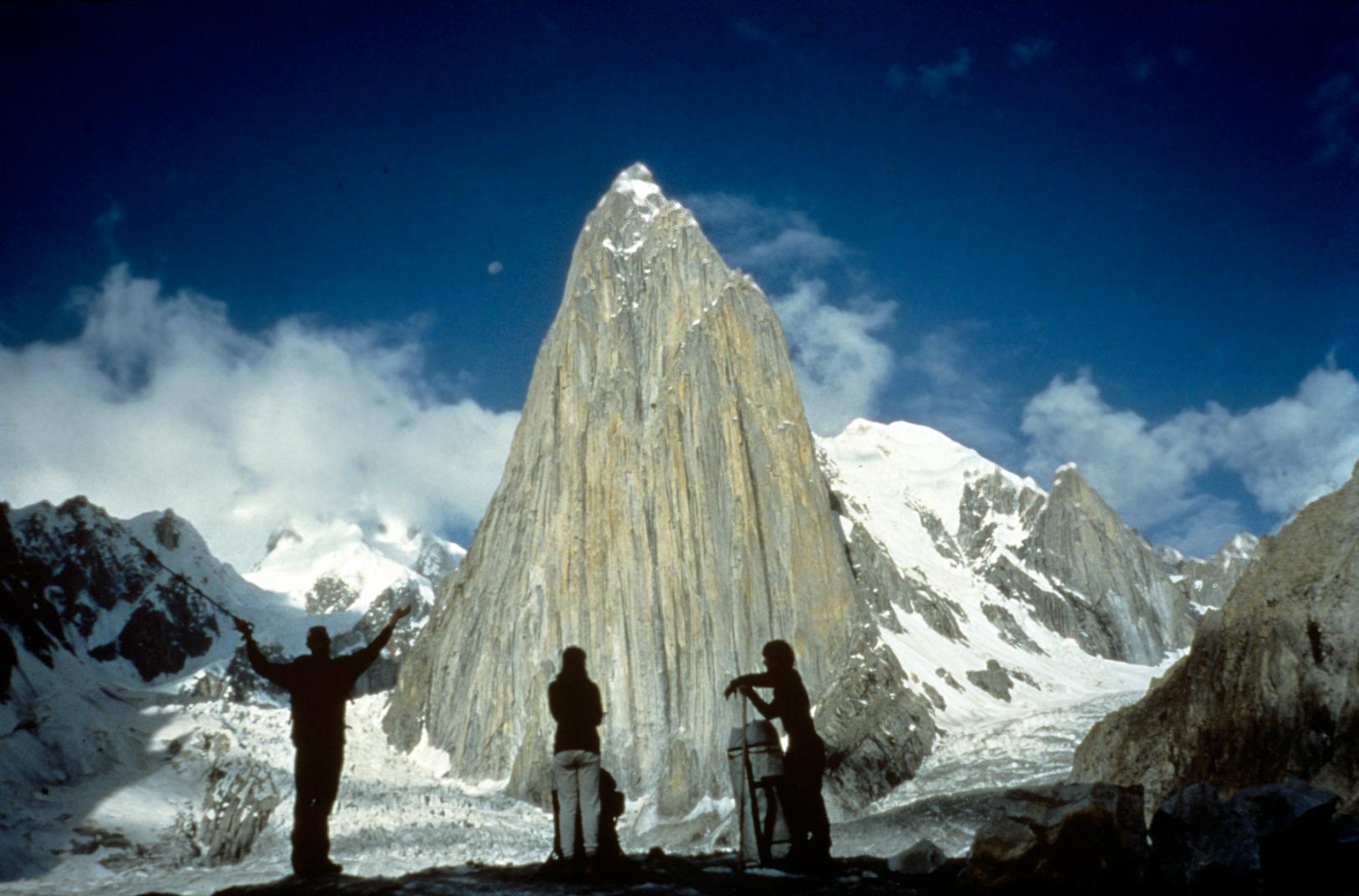 1998, Shipton Spire, Pakistan
Shipton Spire sits just beyond the Trango Towers. 4300 feet of vertical granite, starting straight out of a glacier, with the summit at just under 20,000 feet altitude. In 1998, it had seen just two ascents, and little was known—even the local porters hadn’t gone far enough to reach it before.

Though a spotting scope, we saw a lone haulbag still on the wall from a Japanese climber who’d been struck by rockfall two years before. 

It was our hope to find a new line and possibly free it. A big goal, but the team included Salt Lake legends Seth Shaw and Kennan Harvey. 