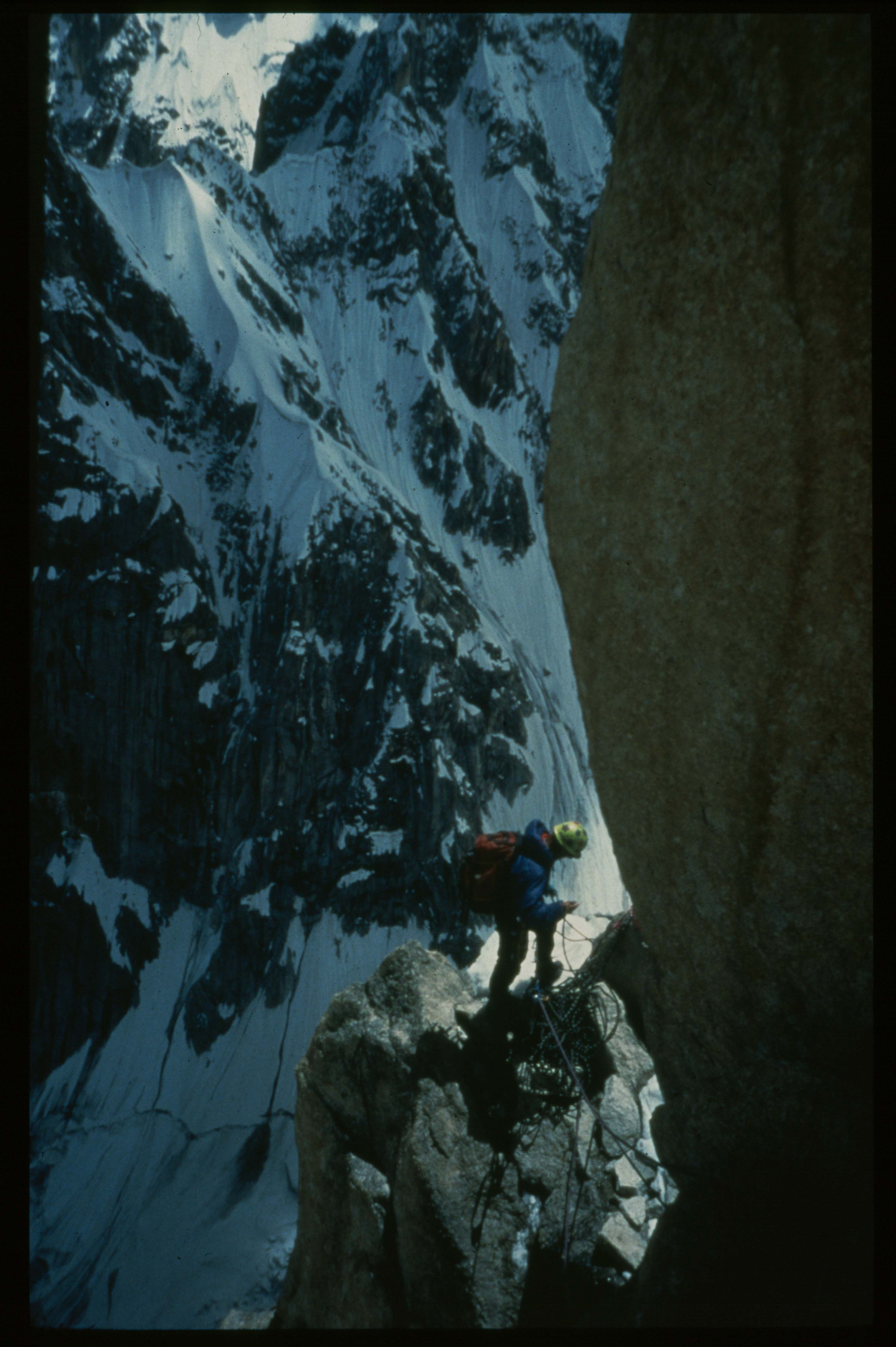 Shipton Spire, Pakistan 1998. Alpine style summit push to 19,700 feet altitude after 12 days on the wall. "Inshallah" went free at 5.12, except for a single 10 foot secion of blank granite on he 4300 foot wall.