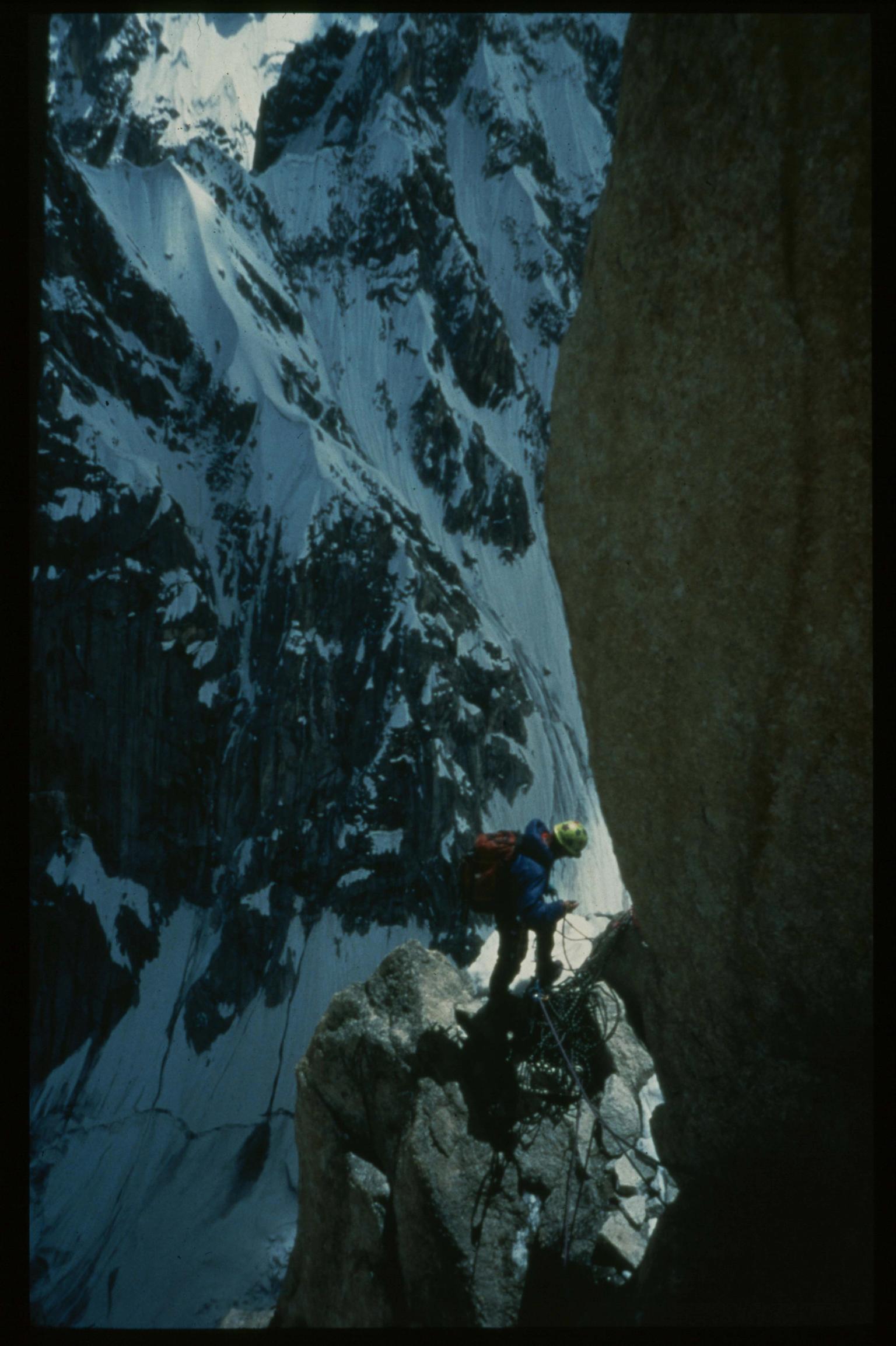 Shipton Spire, Pakistan 1998. Alpine style summit push to 19,700 feet altitude after 12 days on the wall. "Inshallah" went free at 5.12, except for a single 10 foot secion of blank granite on he 4300 foot wall.