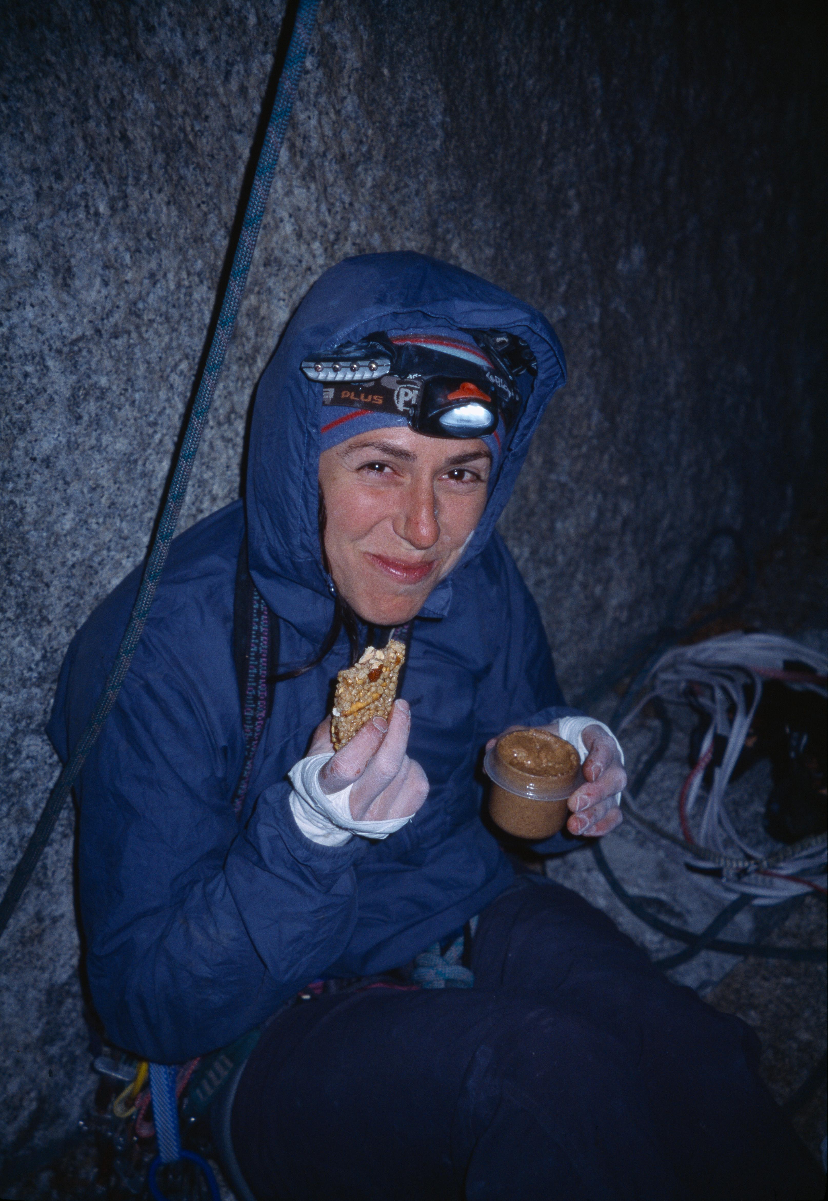 El Cap free in a day, 2004, 3 of 6. I climbed faster than I’d planned, so I had a few shivering hours of wait on a ledge before first light came, for the Huber pitch.