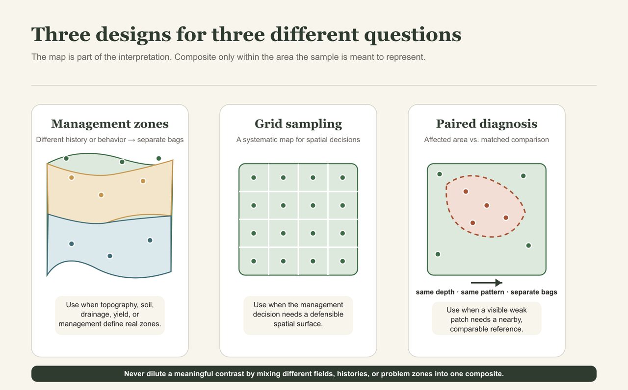 Three simplified field maps illustrating management-zone, grid, and paired diagnostic soil sampling designs