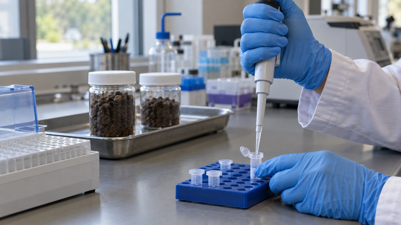 Illustrative laboratory scene showing a gloved technician pipetting into a small tube, with sealed soil samples on a separate tray.