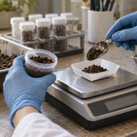 Gloved hands transfer a prepared soil sample with a metal scoop into a white weighing dish on a laboratory balance.