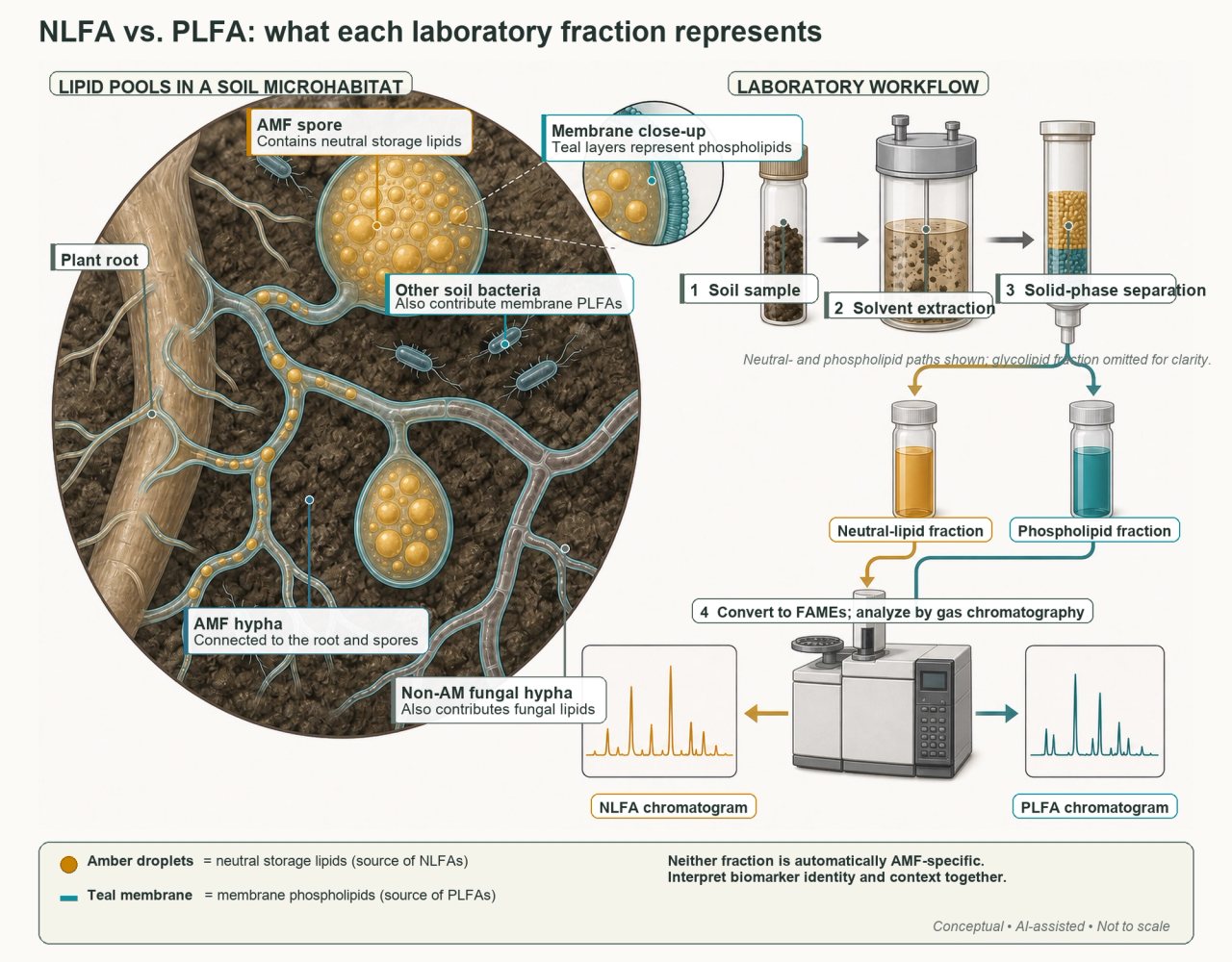 Labeled conceptual diagram comparing teal membrane phospholipids with amber neutral storage lipids in soil organisms and showing lipid extraction, fractionation, derivatization, and gas chromatography.