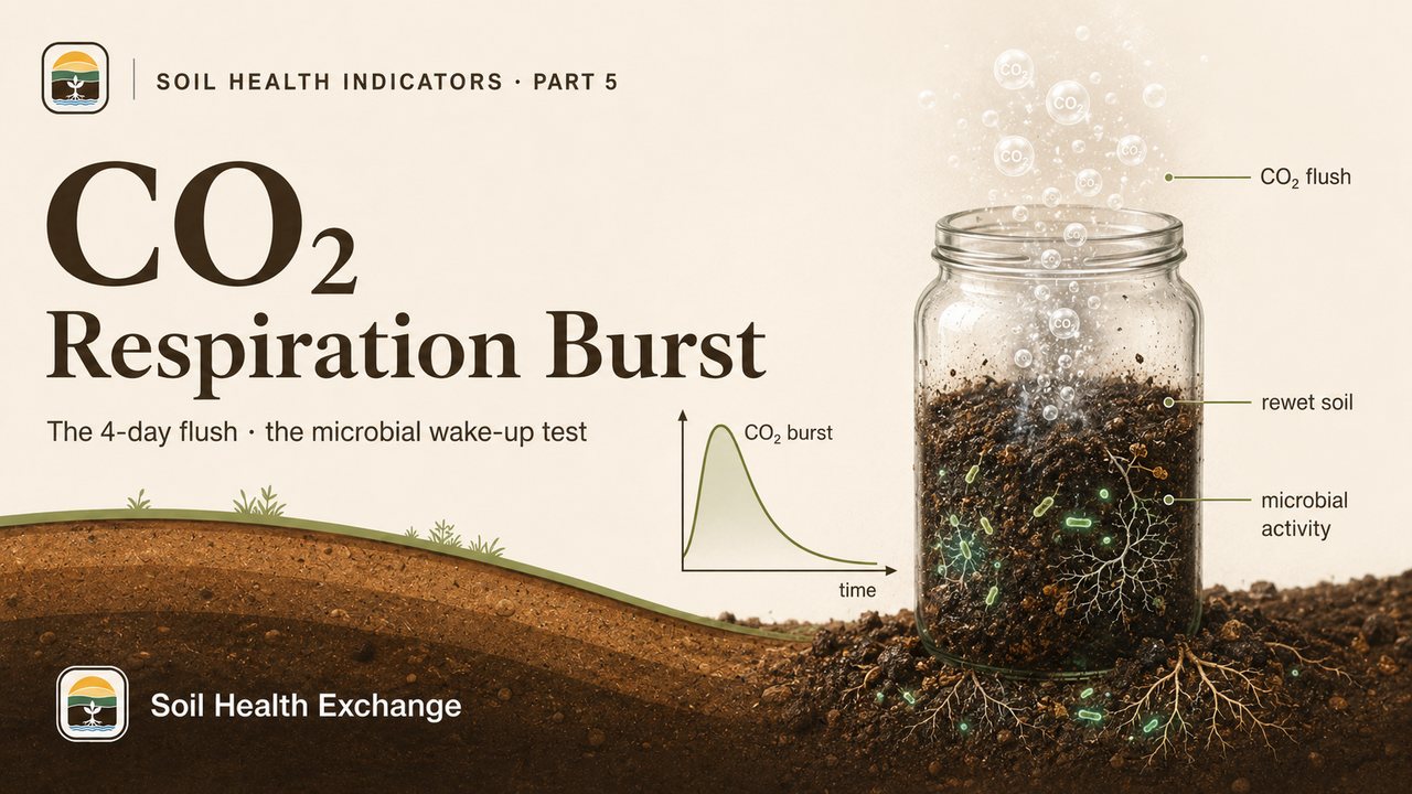 Illustration of soil CO2 respiration: a rewetted soil core releasing CO2 with a 4-day burst curve.